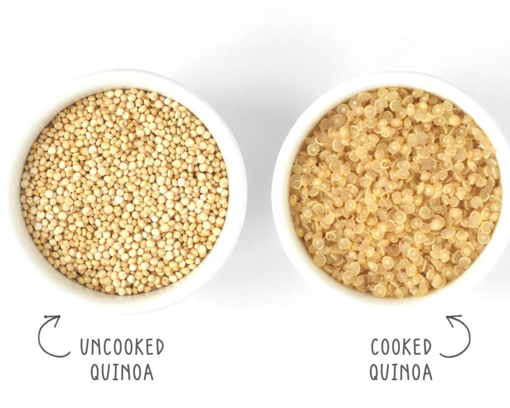 uncooked quinoa in a bowl and cooked quinoa in a bowl
