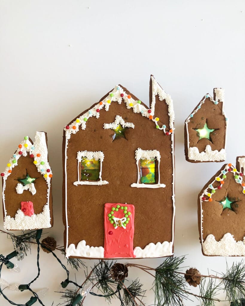 gingerbread house cookies with stained glass windows