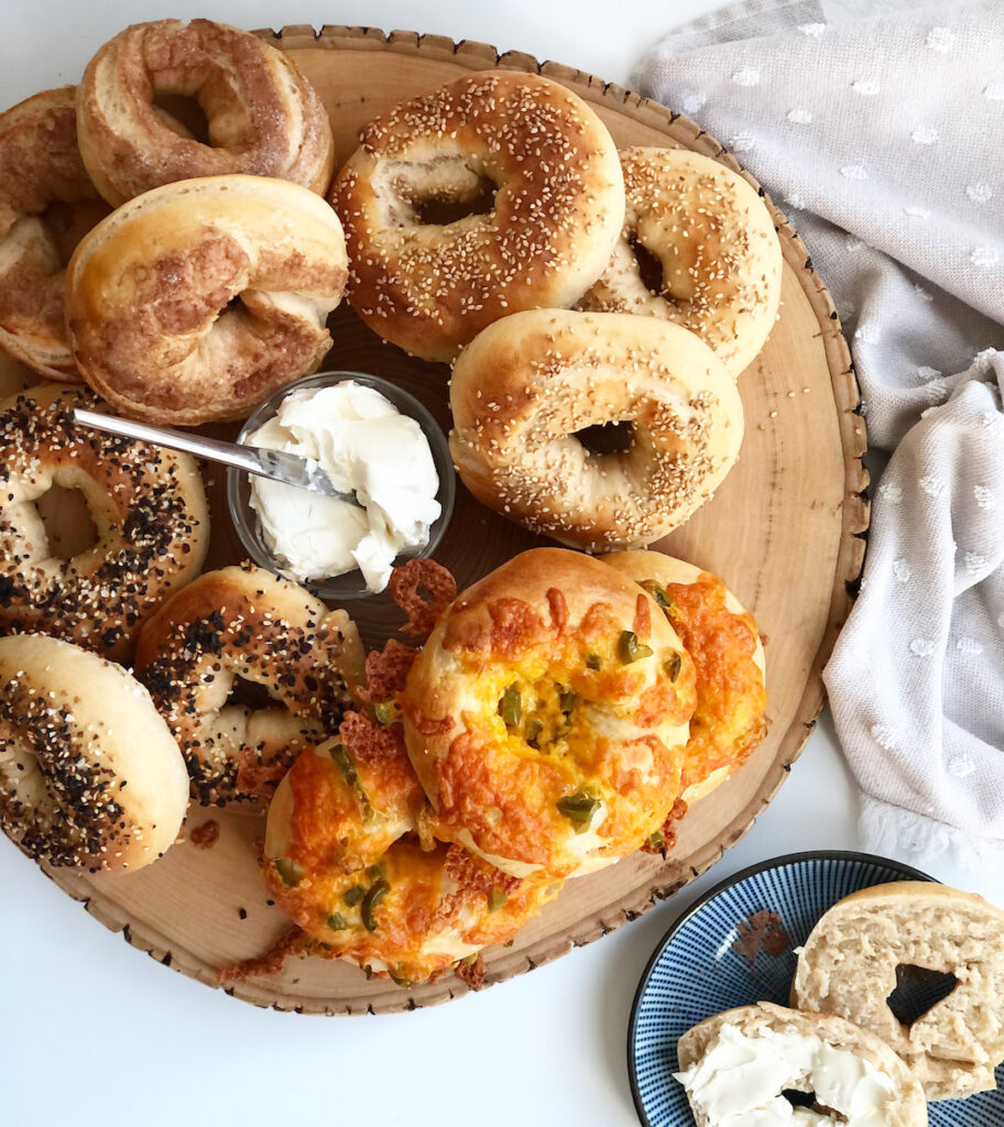 sourdough bagels with a variety of toppings