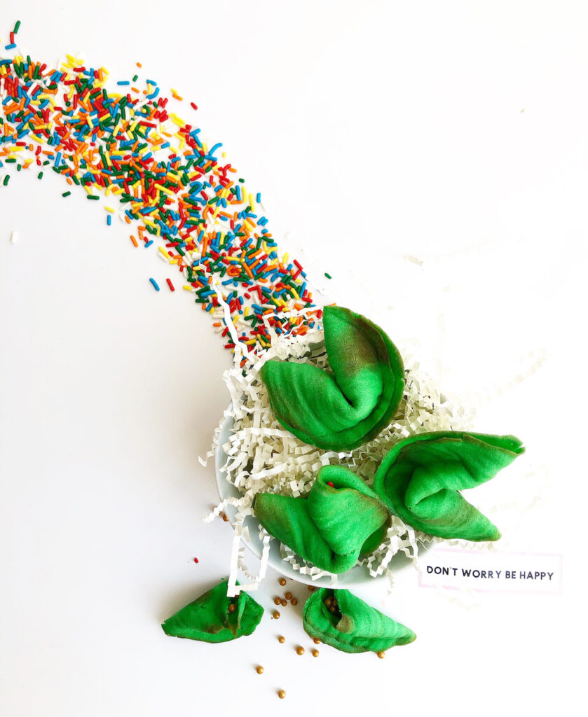 St. Patricks Day Fortune Cookies with a sprinkle rainbow