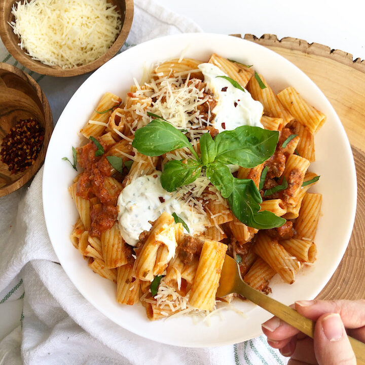 Rigatoni Bolognese with Herby Whipped Ricotta